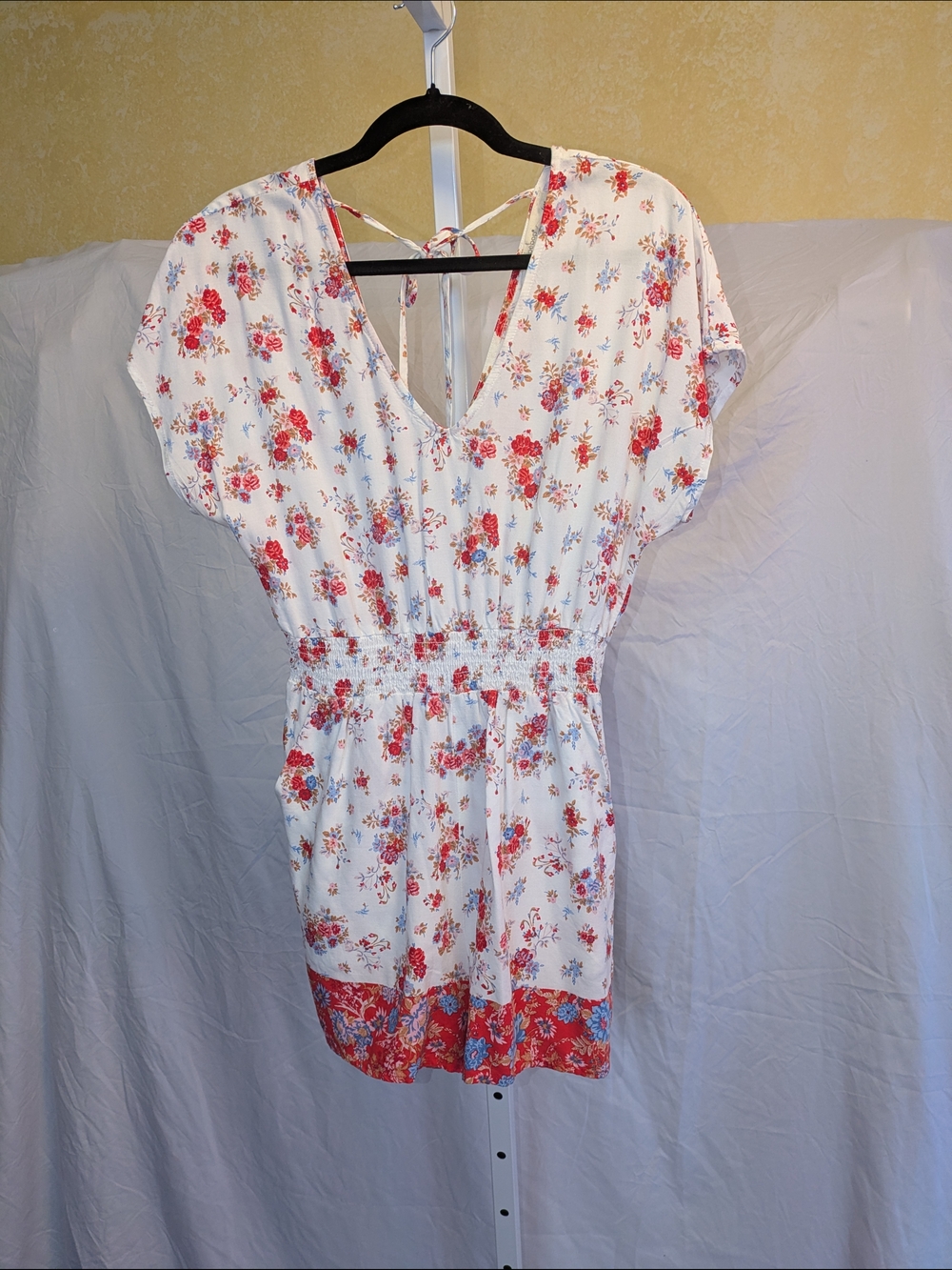 Bebop Floral V-Neck Romper-Small - Ivory Red Blue Boho Rayon with Pockets